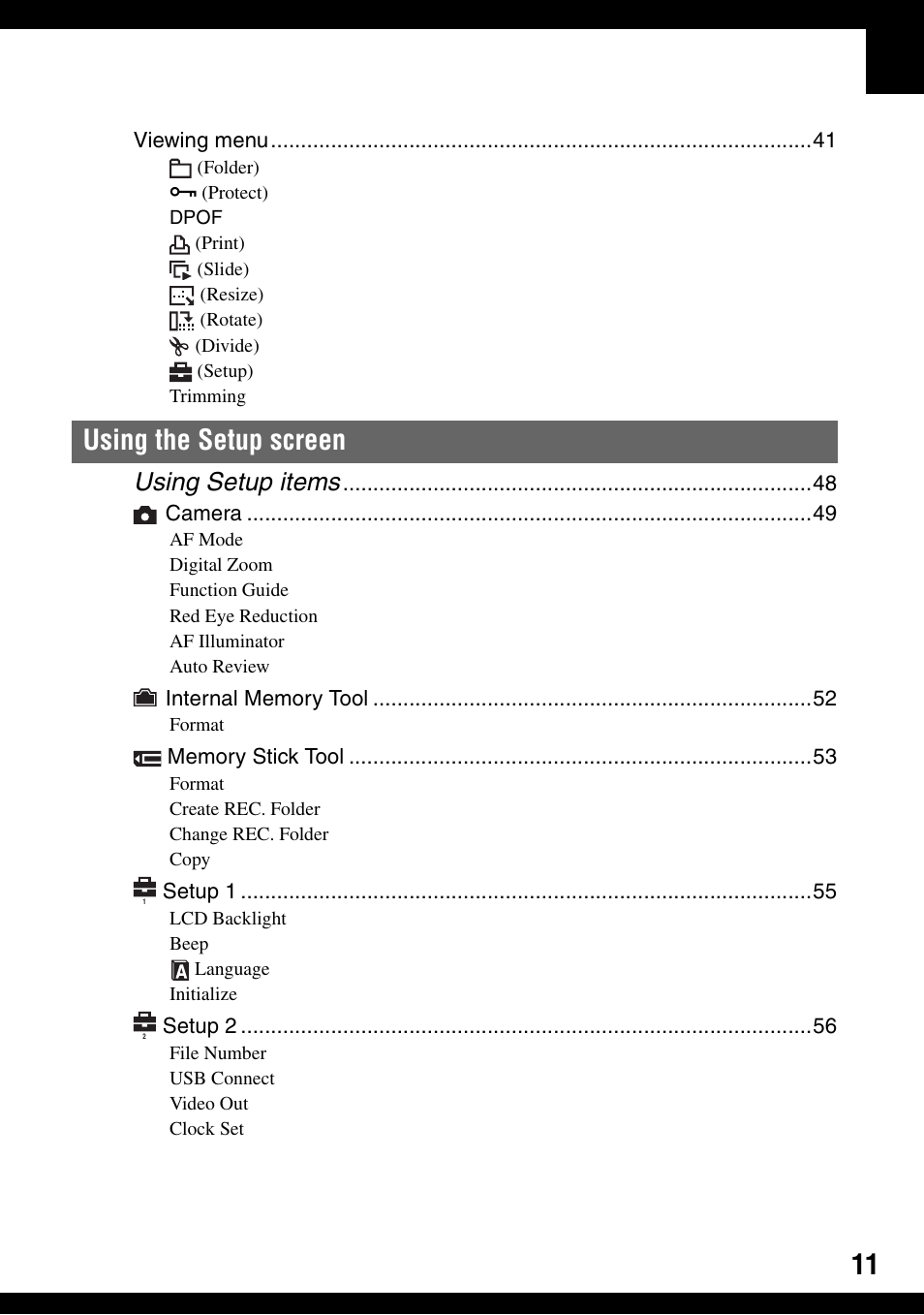 Using the setup screen, Using setup items | Sony DSC-W100 User Manual | Page 11 / 107