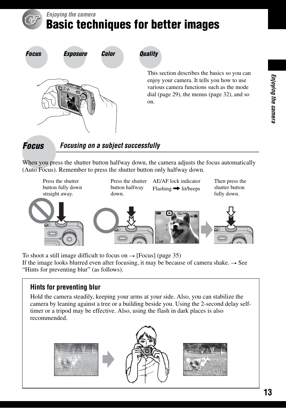 Enjoying the camera, Basic techniques for better images, Focus | Sony DSC-W100 User Manual | Page 13 / 107