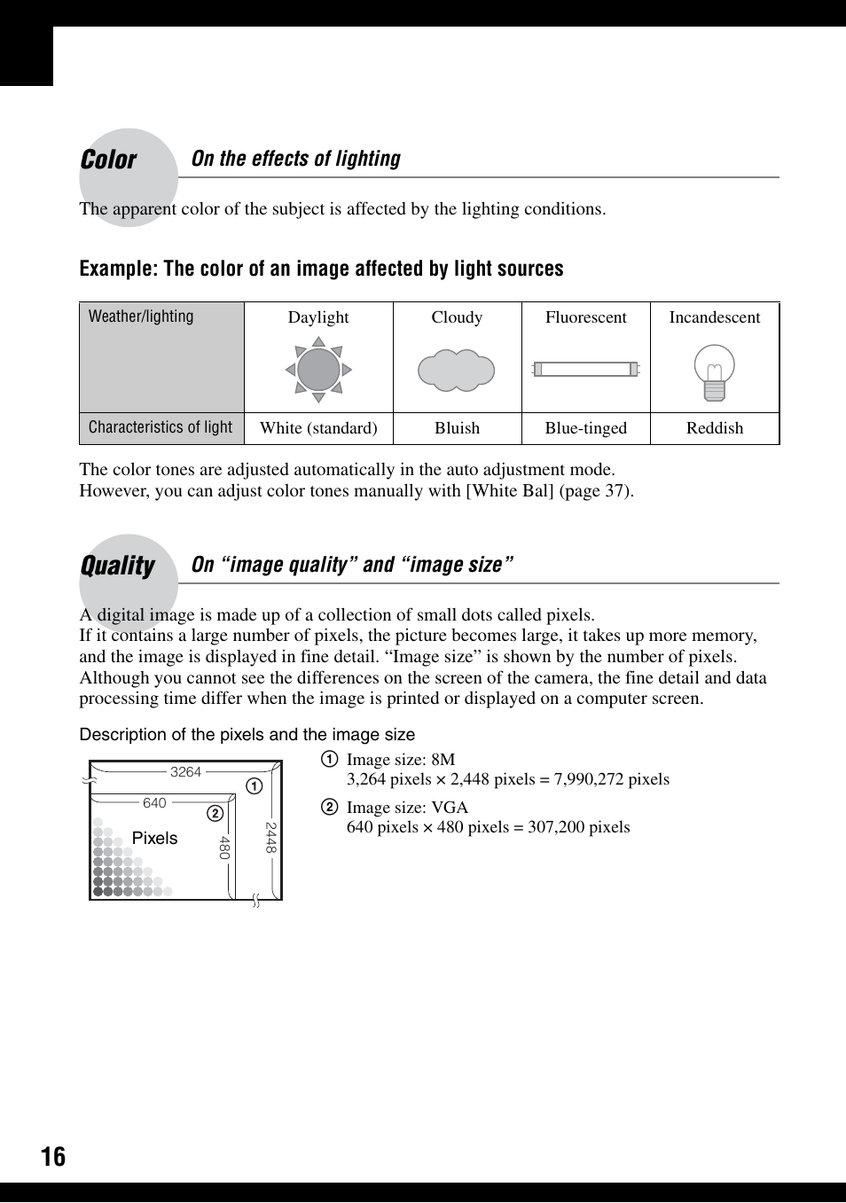 Color, Quality | Sony DSC-W100 User Manual | Page 16 / 107