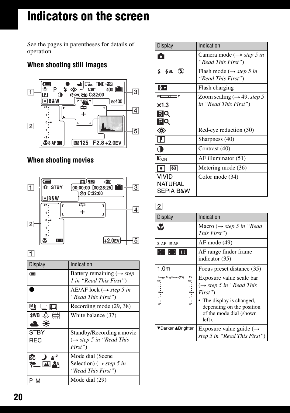Indicators on the screen, When shooting still images when shooting movies | Sony DSC-W100 User Manual | Page 20 / 107
