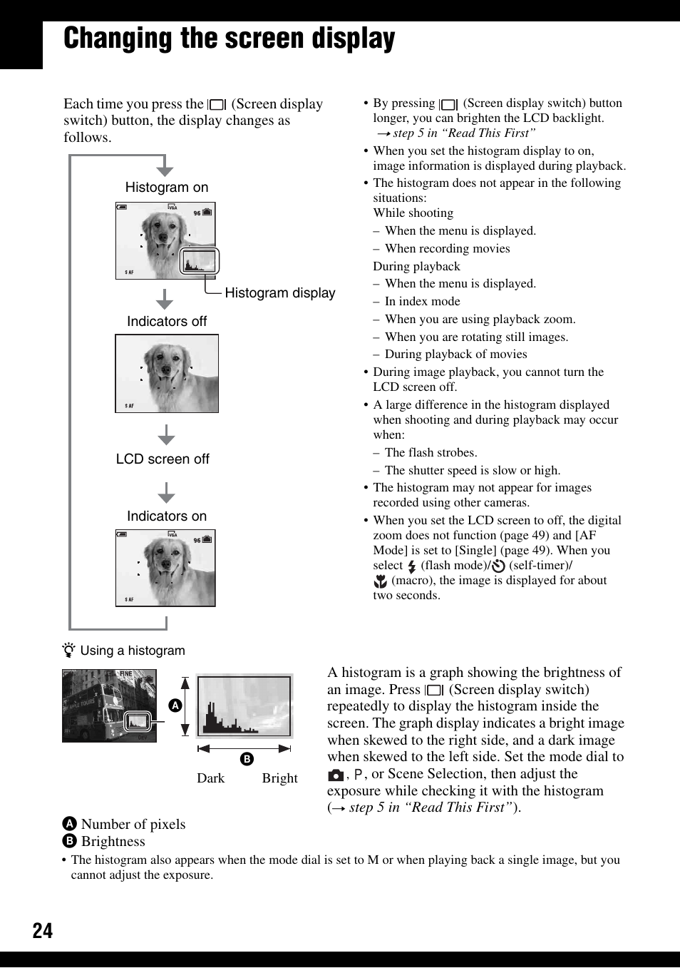 Changing the screen display, N (24), M (24) | Ram (24 | Sony DSC-W100 User Manual | Page 24 / 107