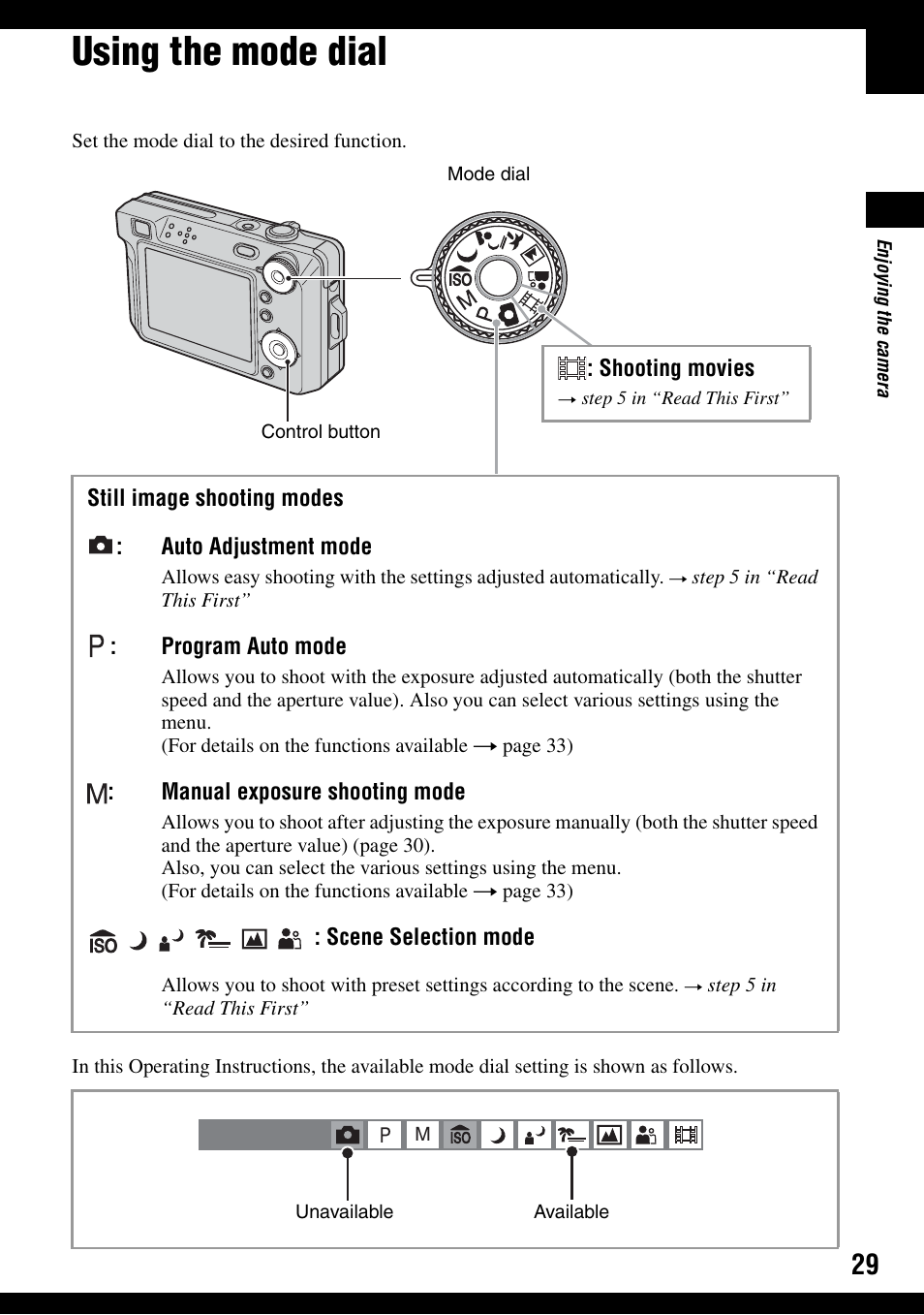 Using the mode dial | Sony DSC-W100 User Manual | Page 29 / 107