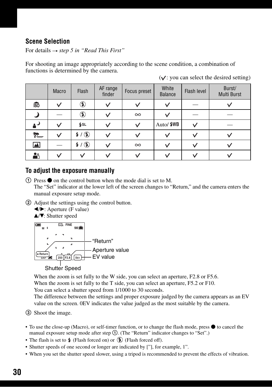 Scene selection | Sony DSC-W100 User Manual | Page 30 / 107