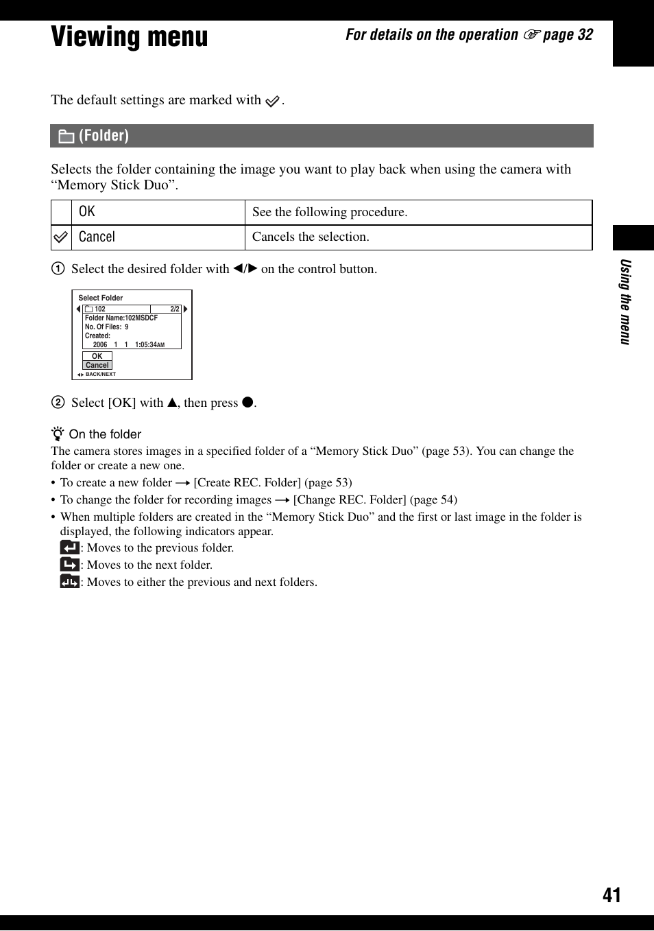 Viewing menu, For details on the operation, Pag e 32 | Folder) | Sony DSC-W100 User Manual | Page 41 / 107