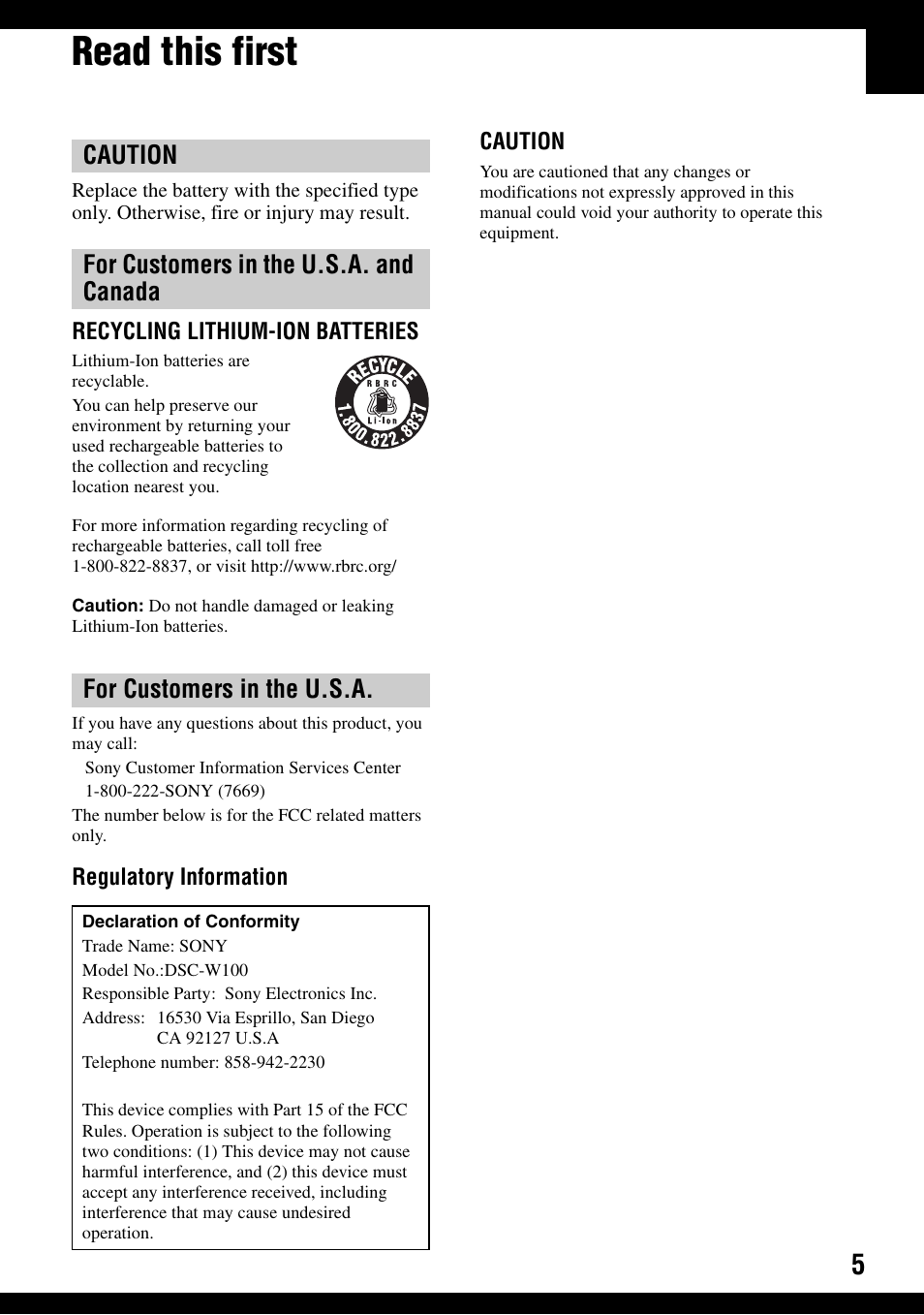 Read this first | Sony DSC-W100 User Manual | Page 5 / 107