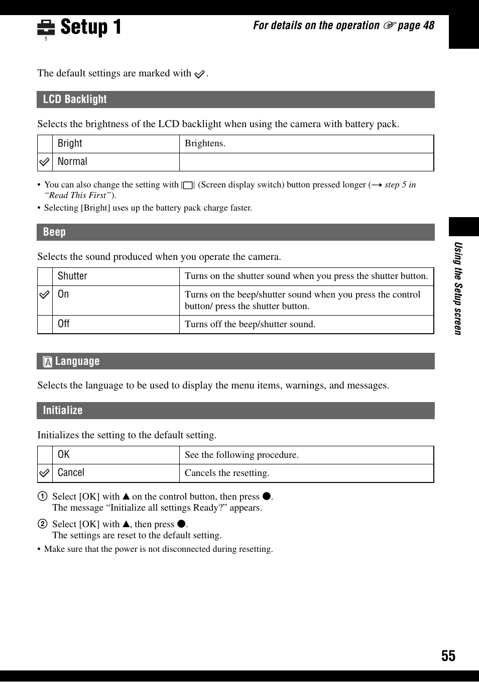 Setup 1, Lcd backlight, Initialize | Sony DSC-W100 User Manual | Page 55 / 107