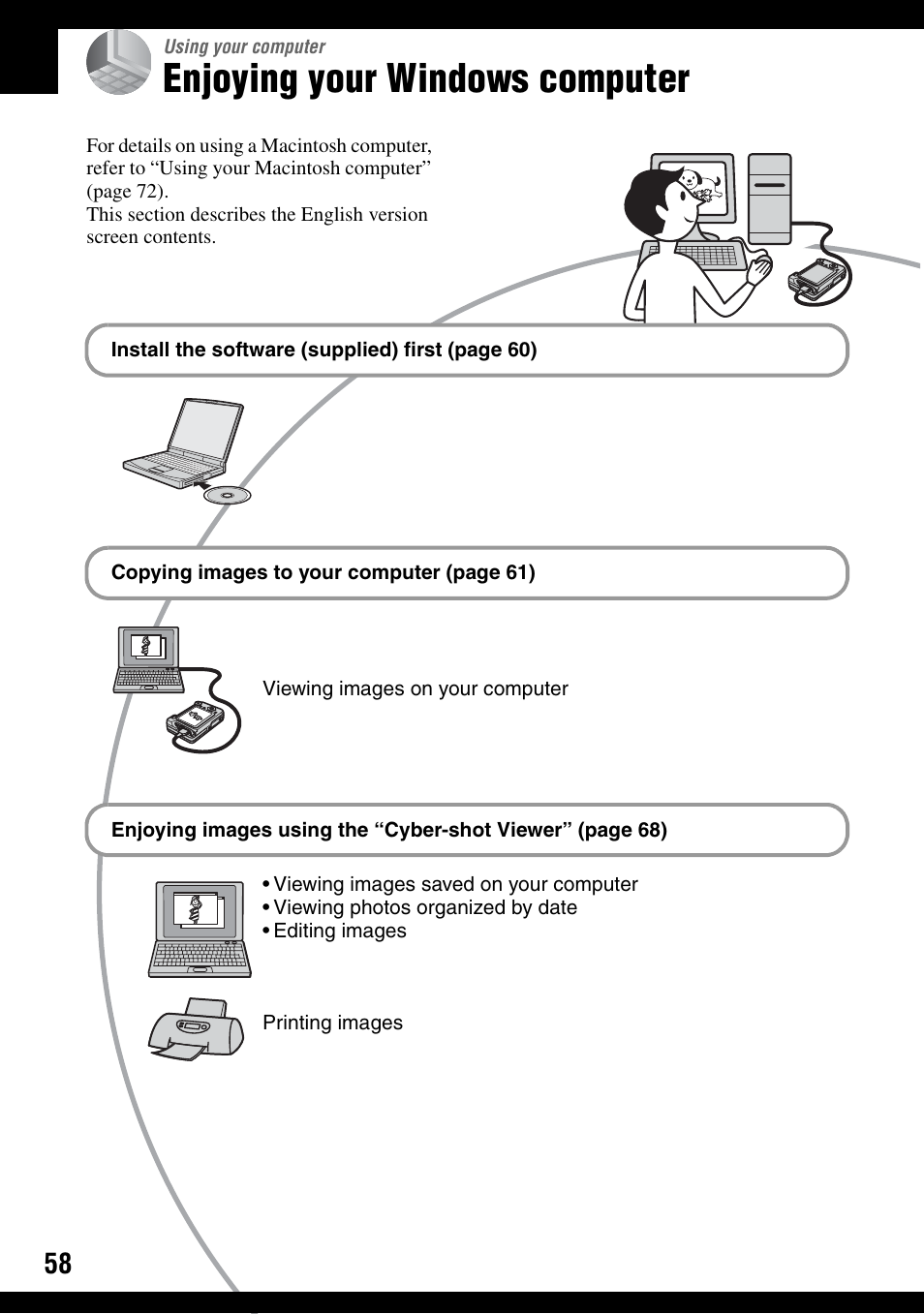 Using your computer, Enjoying your windows computer | Sony DSC-W100 User Manual | Page 58 / 107