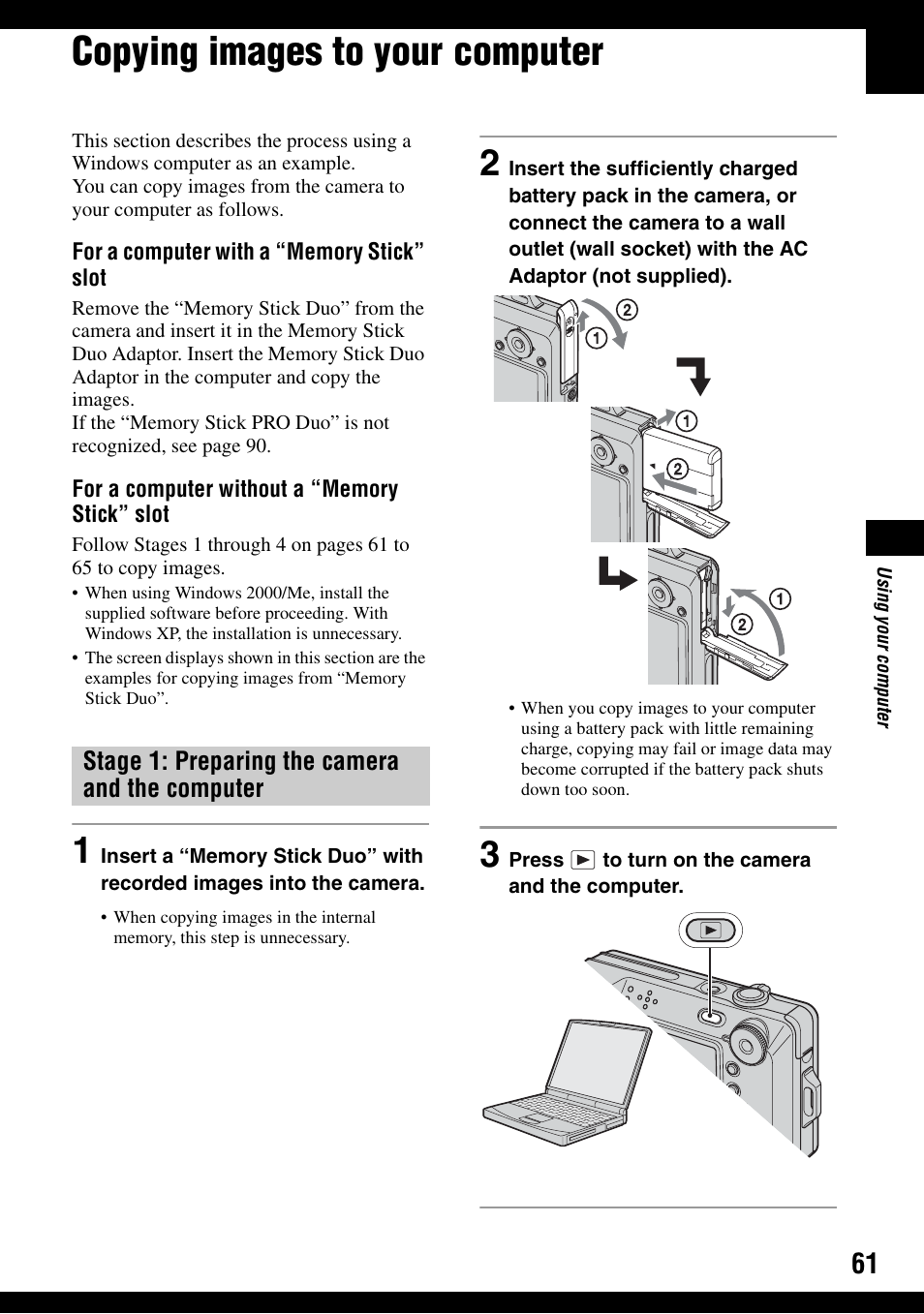 Copying images to your computer, Stage 1: preparing the camera and the computer | Sony DSC-W100 User Manual | Page 61 / 107