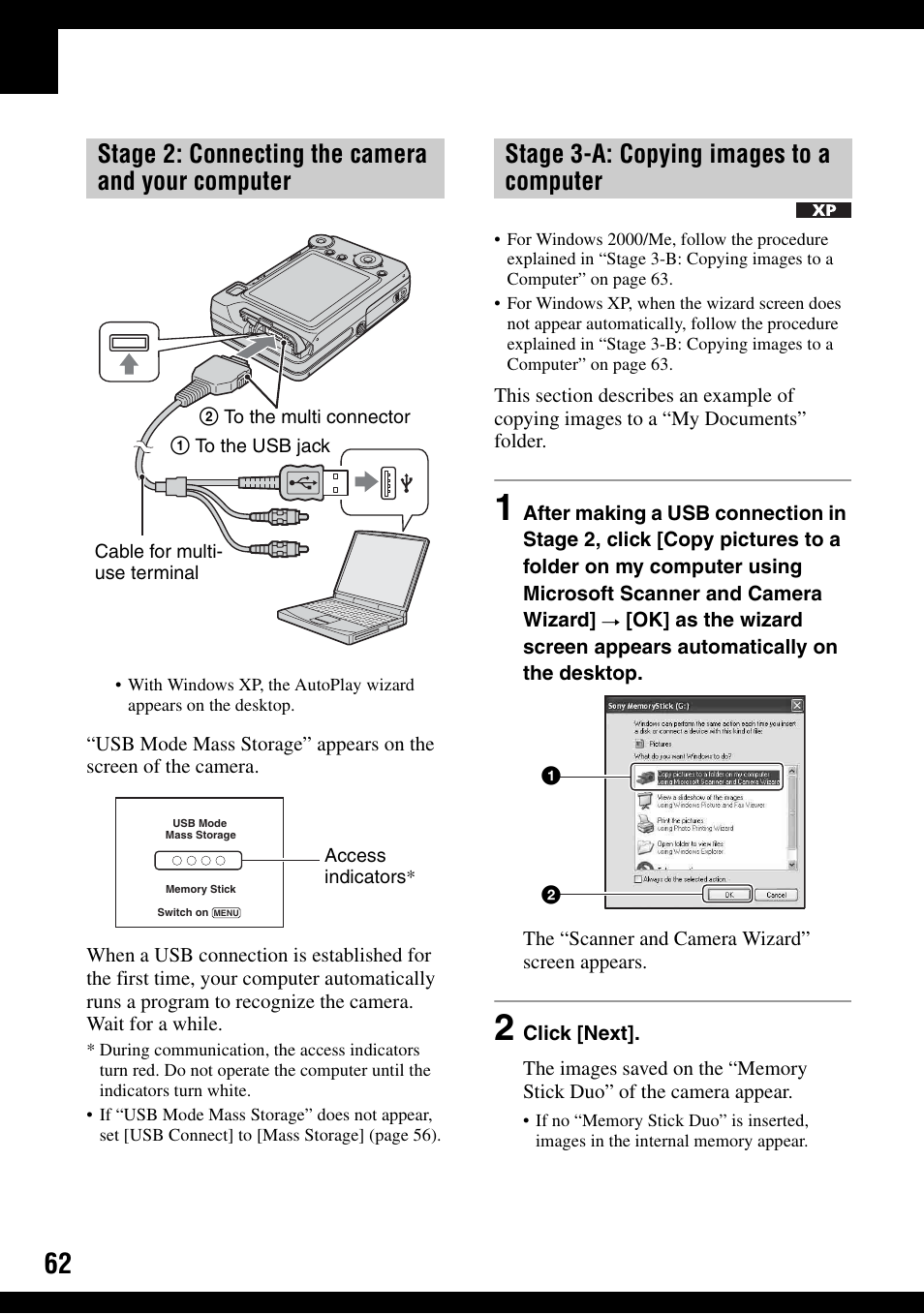 Stage 2: connecting the camera and your computer, Stage 3-a: copying images to a computer | Sony DSC-W100 User Manual | Page 62 / 107