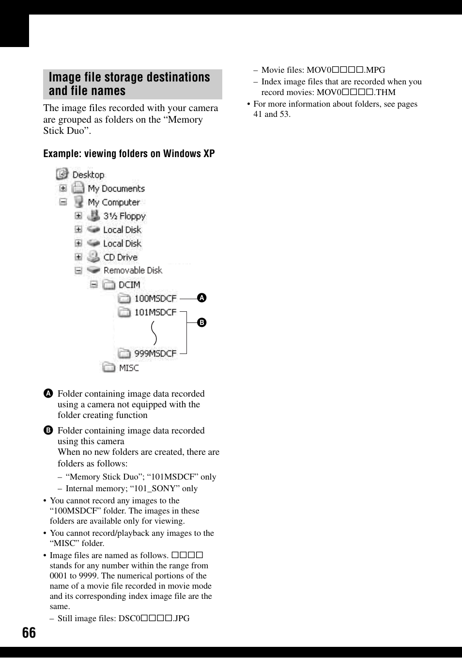 Image file storage destinations and file names | Sony DSC-W100 User Manual | Page 66 / 107