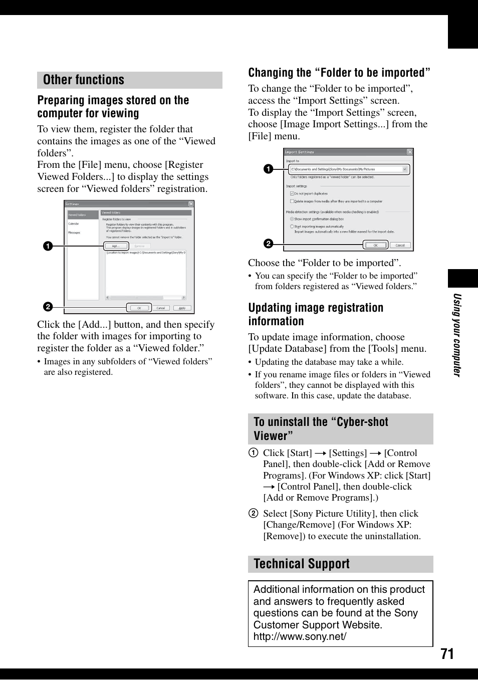 Other functions, Technical support | Sony DSC-W100 User Manual | Page 71 / 107