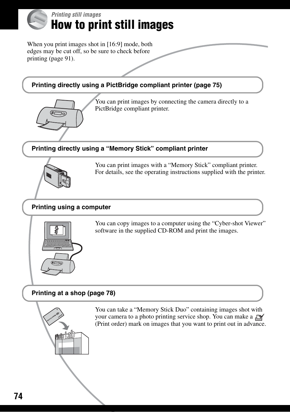 Printing still images, How to print still images | Sony DSC-W100 User Manual | Page 74 / 107