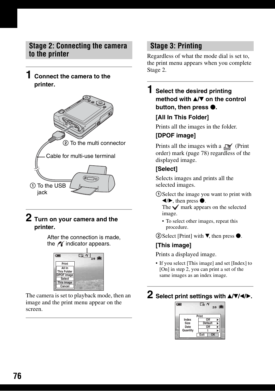 Stage 2: connecting the camera to the printer, Stage 3: printing | Sony DSC-W100 User Manual | Page 76 / 107