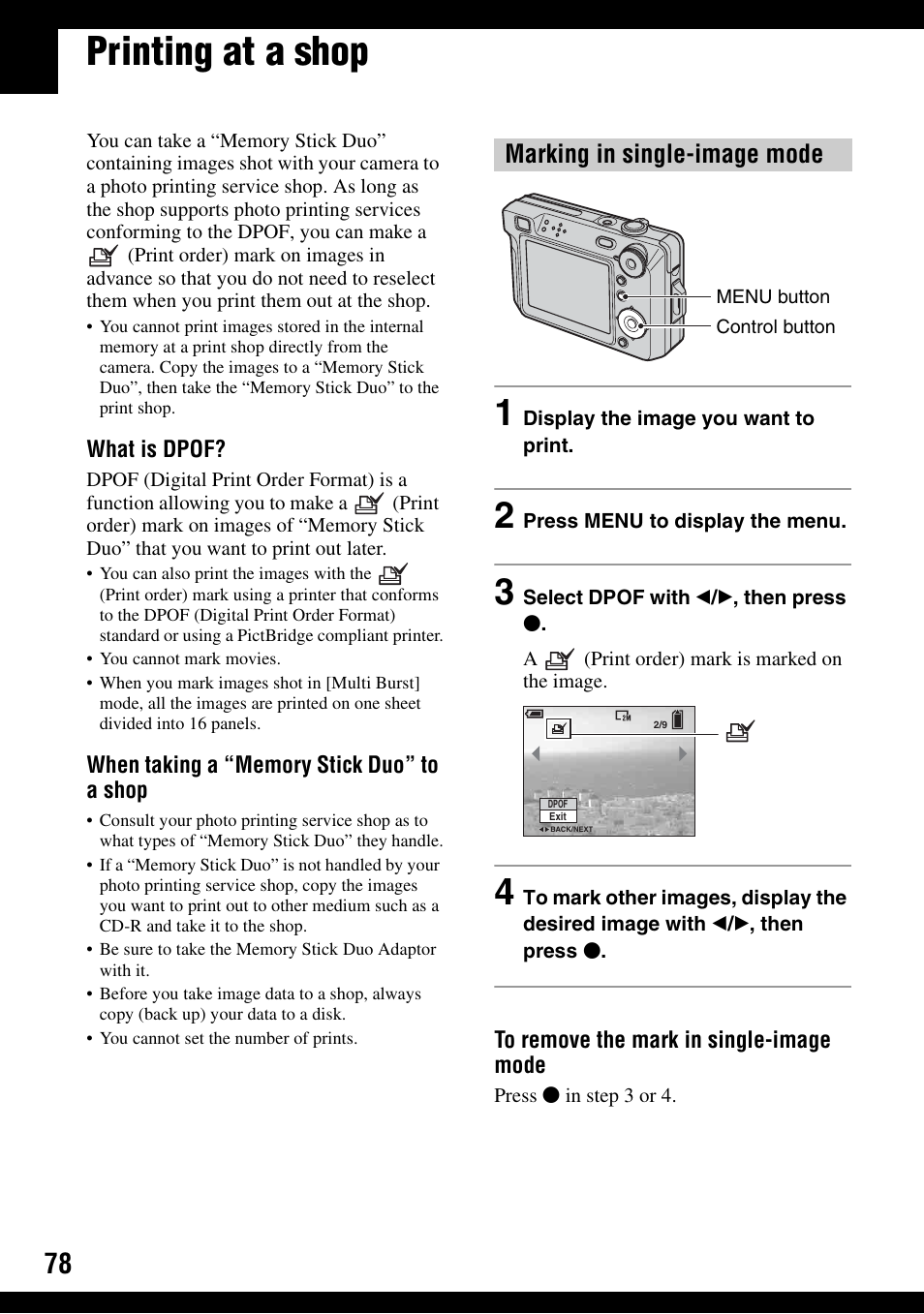 Printing at a shop, Marking in single-image mode | Sony DSC-W100 User Manual | Page 78 / 107
