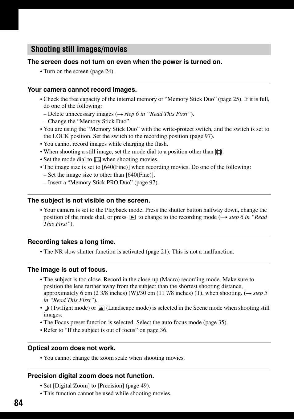 Shooting still images/movies | Sony DSC-W100 User Manual | Page 84 / 107