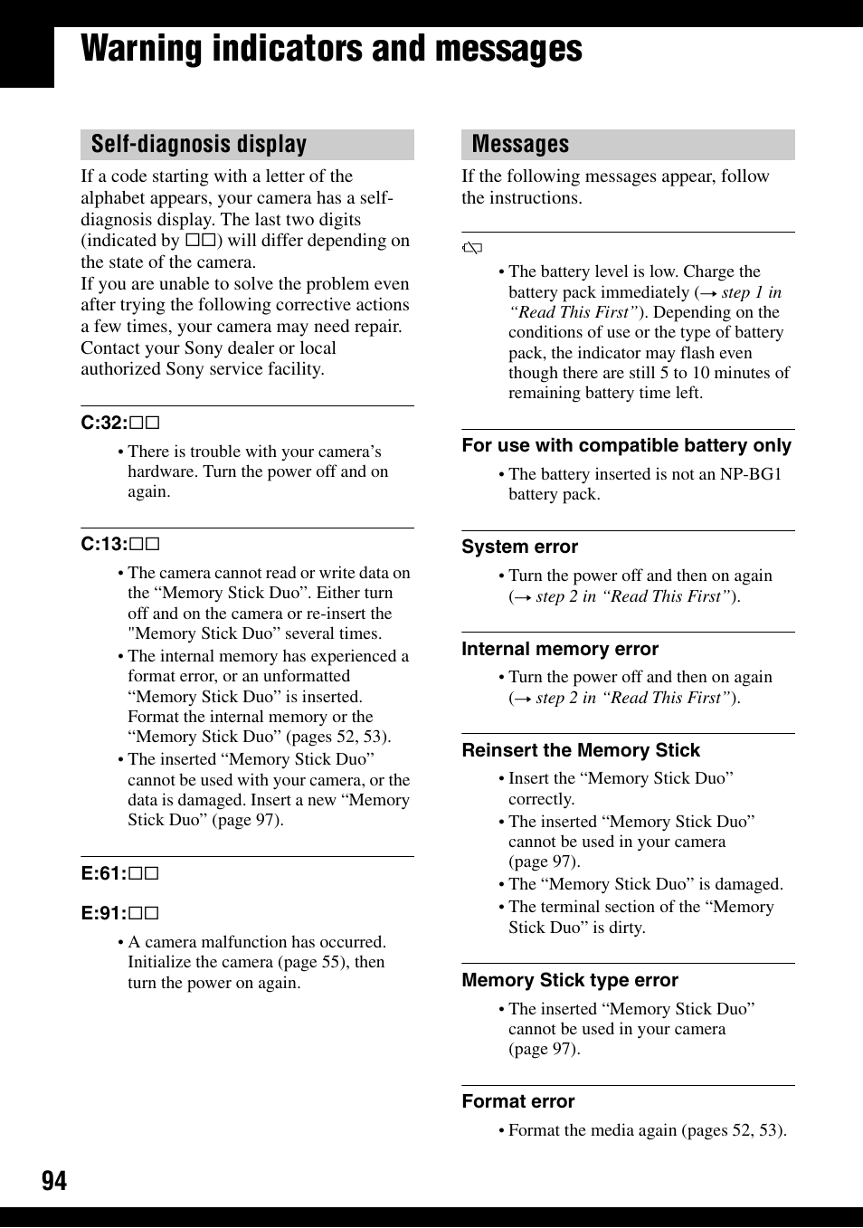 Warning indicators and messages, Y (94), Self-diagnosis display messages | Sony DSC-W100 User Manual | Page 94 / 107