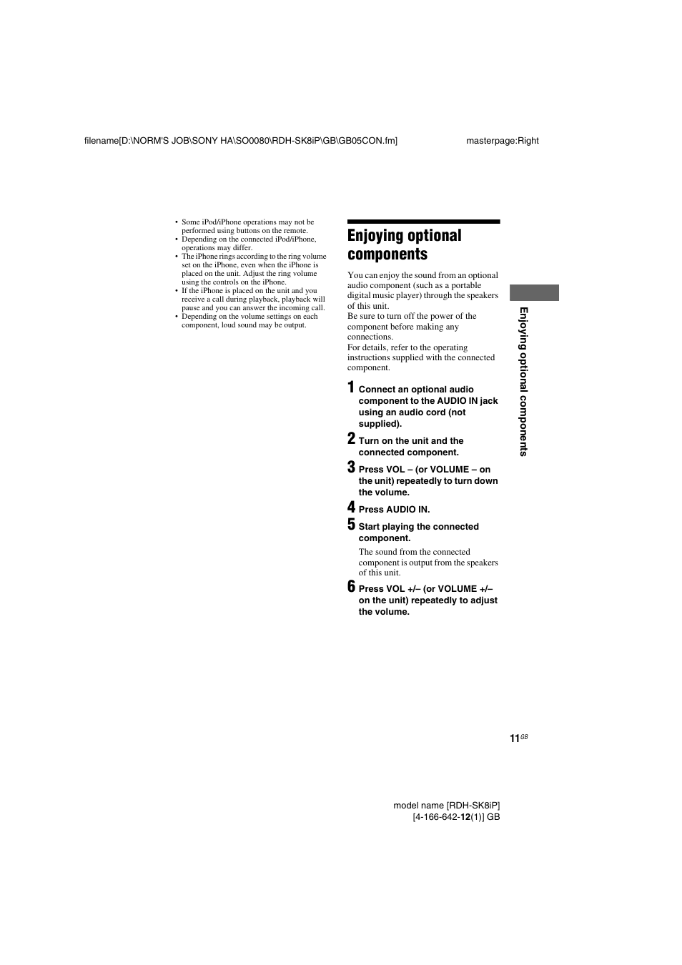 Enjoying optional components, Enjoying optional, Components | Sony RDH-SK8iP User Manual | Page 11 / 20