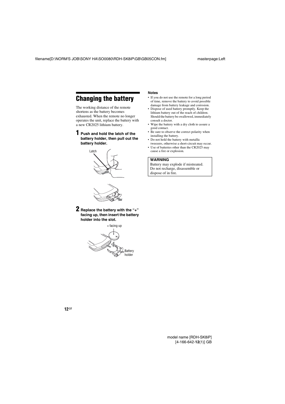 Changing the battery | Sony RDH-SK8iP User Manual | Page 12 / 20