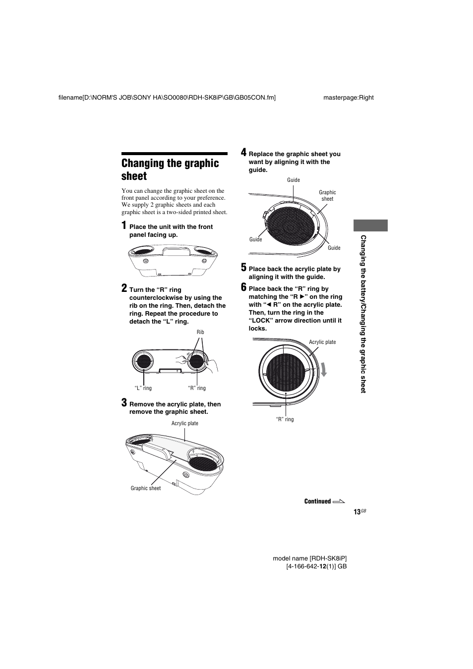 Changing the graphic sheet, Changing the graphic, Sheet | Sony RDH-SK8iP User Manual | Page 13 / 20