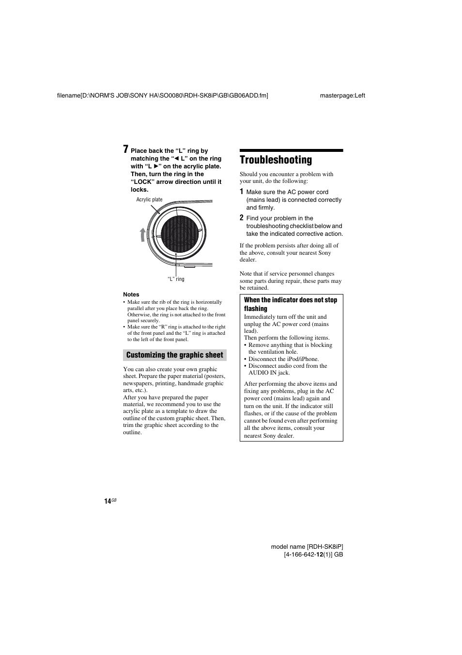 Troubleshooting, Customizing the graphic, Sheet | Customizing the graphic sheet | Sony RDH-SK8iP User Manual | Page 14 / 20
