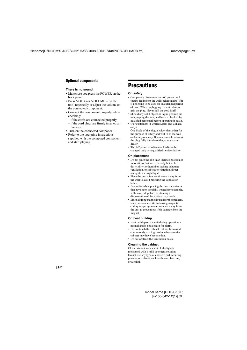 Precautions | Sony RDH-SK8iP User Manual | Page 16 / 20