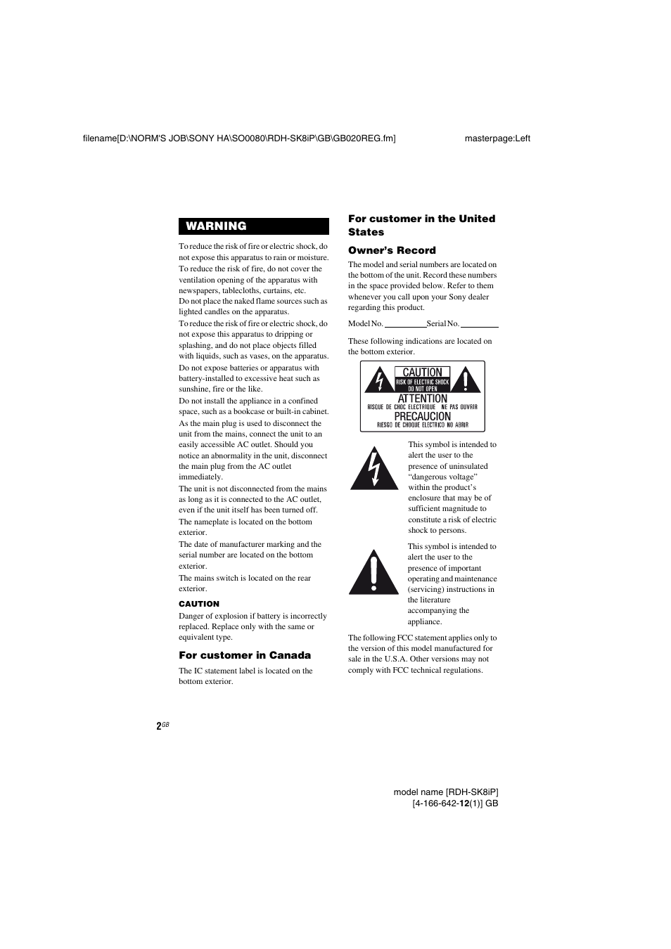 Sony RDH-SK8iP User Manual | Page 2 / 20