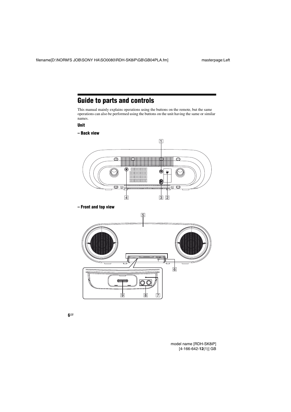 Guide to parts and controls | Sony RDH-SK8iP User Manual | Page 6 / 20