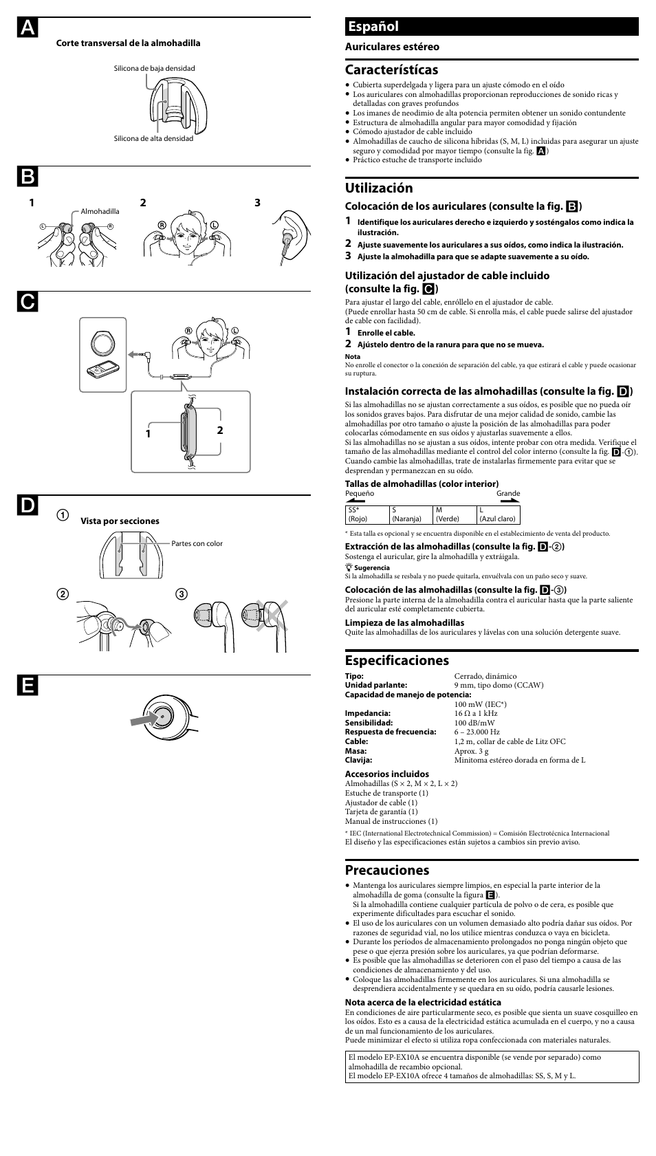 Español, Característícas, Utilización | Especificaciones, Precauciones | Sony MDR-EX57LP User Manual | Page 2 / 2