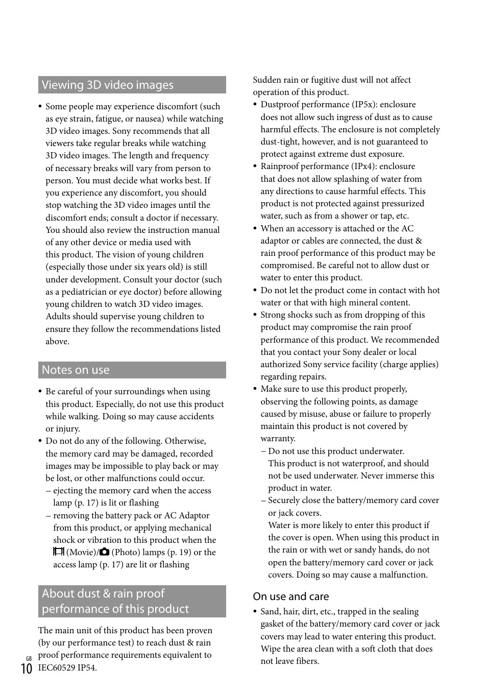 About dust & rain proof performance of this, Product, Viewing 3d video images | On use and care | Sony DEV-50 User Manual | Page 10 / 116