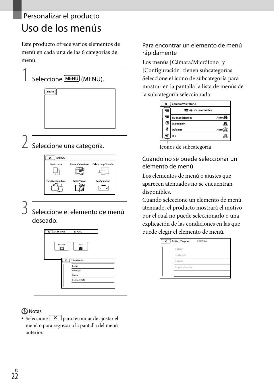 Personalizar el producto, Uso de los menús | Sony DEV-50 User Manual | Page 100 / 116