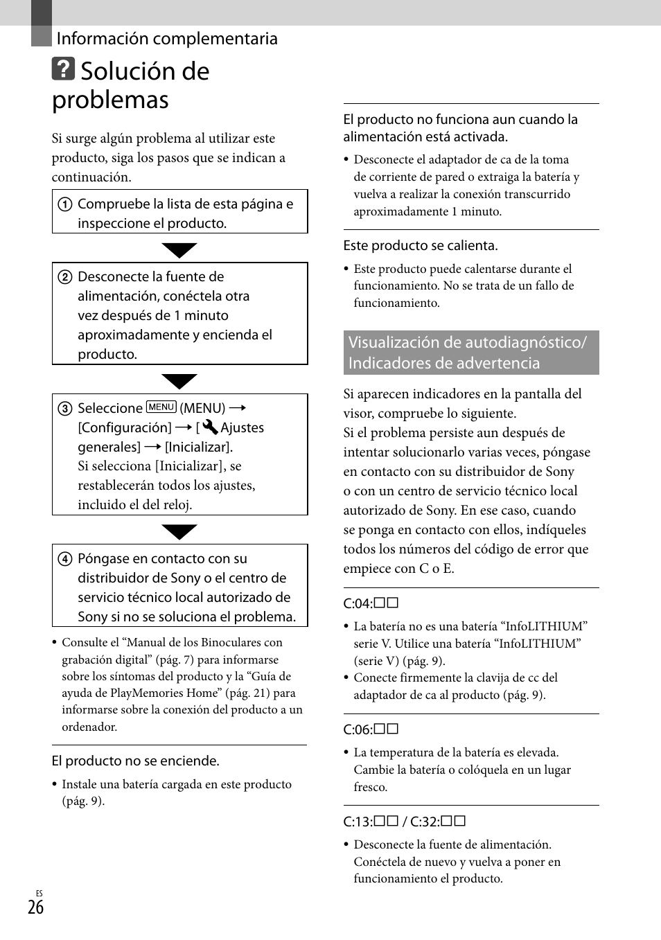 Información complementaria, Solución de problemas, Información | Complementaria | Sony DEV-50 User Manual | Page 104 / 116