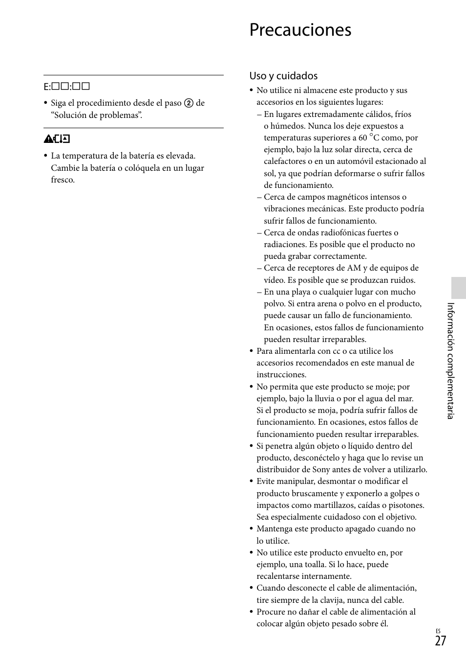 Precauciones, Uso y cuidados | Sony DEV-50 User Manual | Page 105 / 116