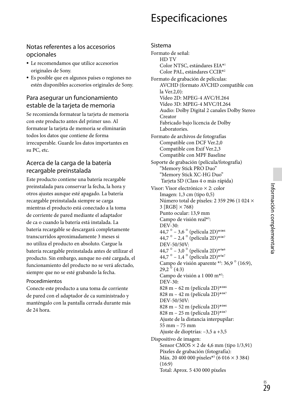 Especificaciones, Notas referentes a los accesorios opcionales, Sistema | Sony DEV-50 User Manual | Page 107 / 116