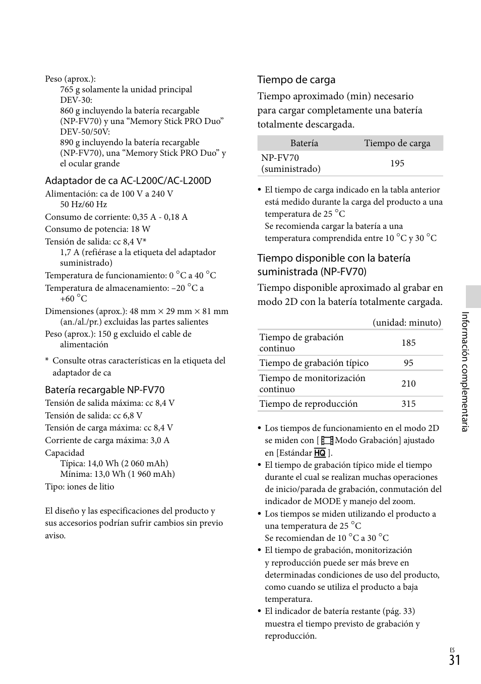 Tiempo de carga | Sony DEV-50 User Manual | Page 109 / 116