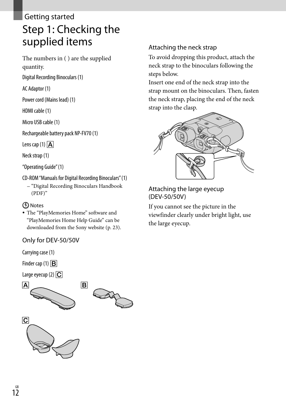 Getting started, Step 1: checking the supplied items | Sony DEV-50 User Manual | Page 12 / 116