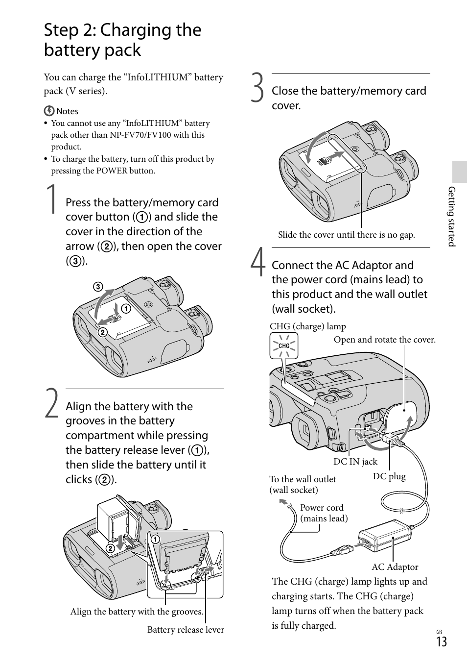 Step 2: charging the battery pack | Sony DEV-50 User Manual | Page 13 / 116
