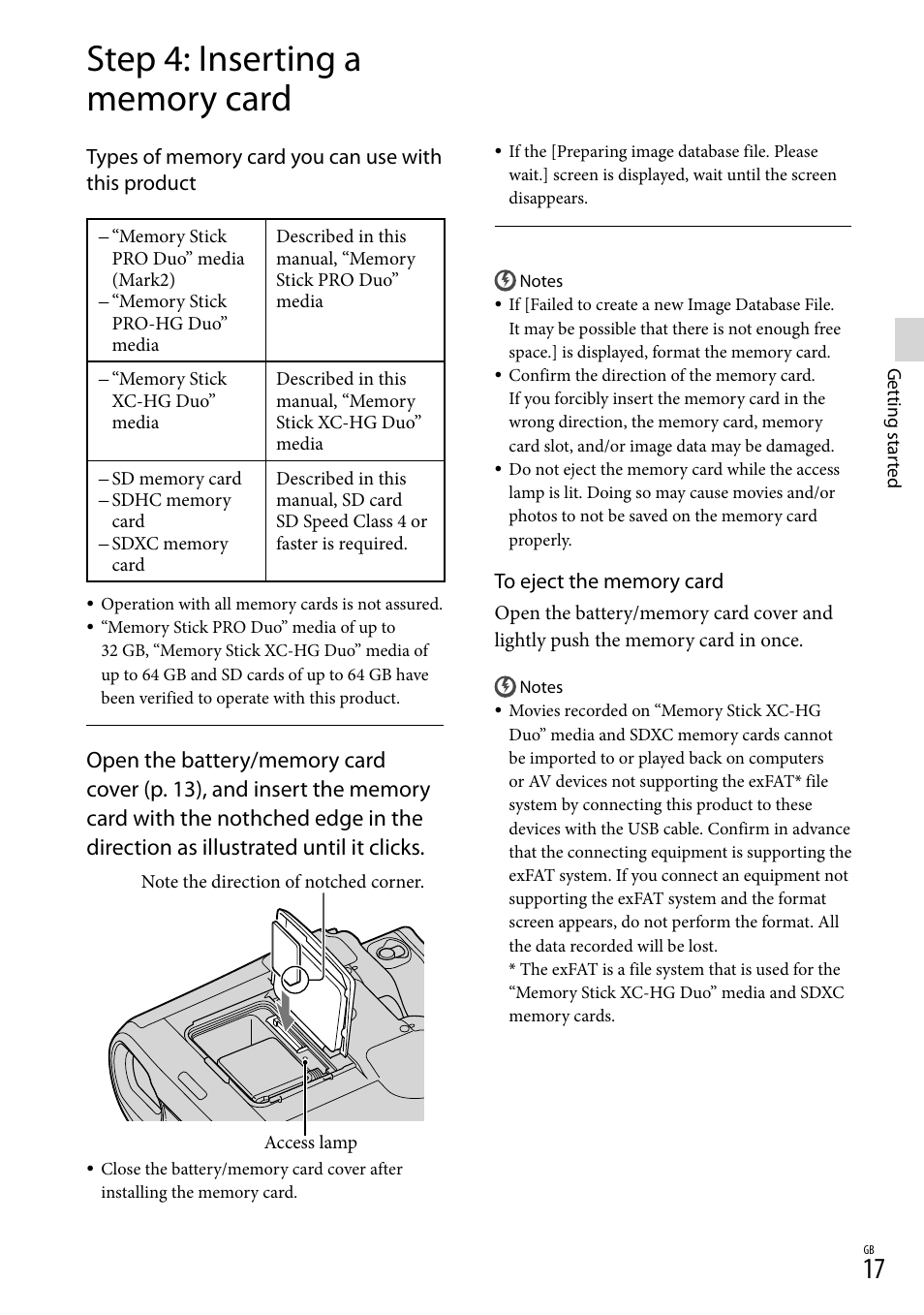 Step 4: inserting a memory card | Sony DEV-50 User Manual | Page 17 / 116