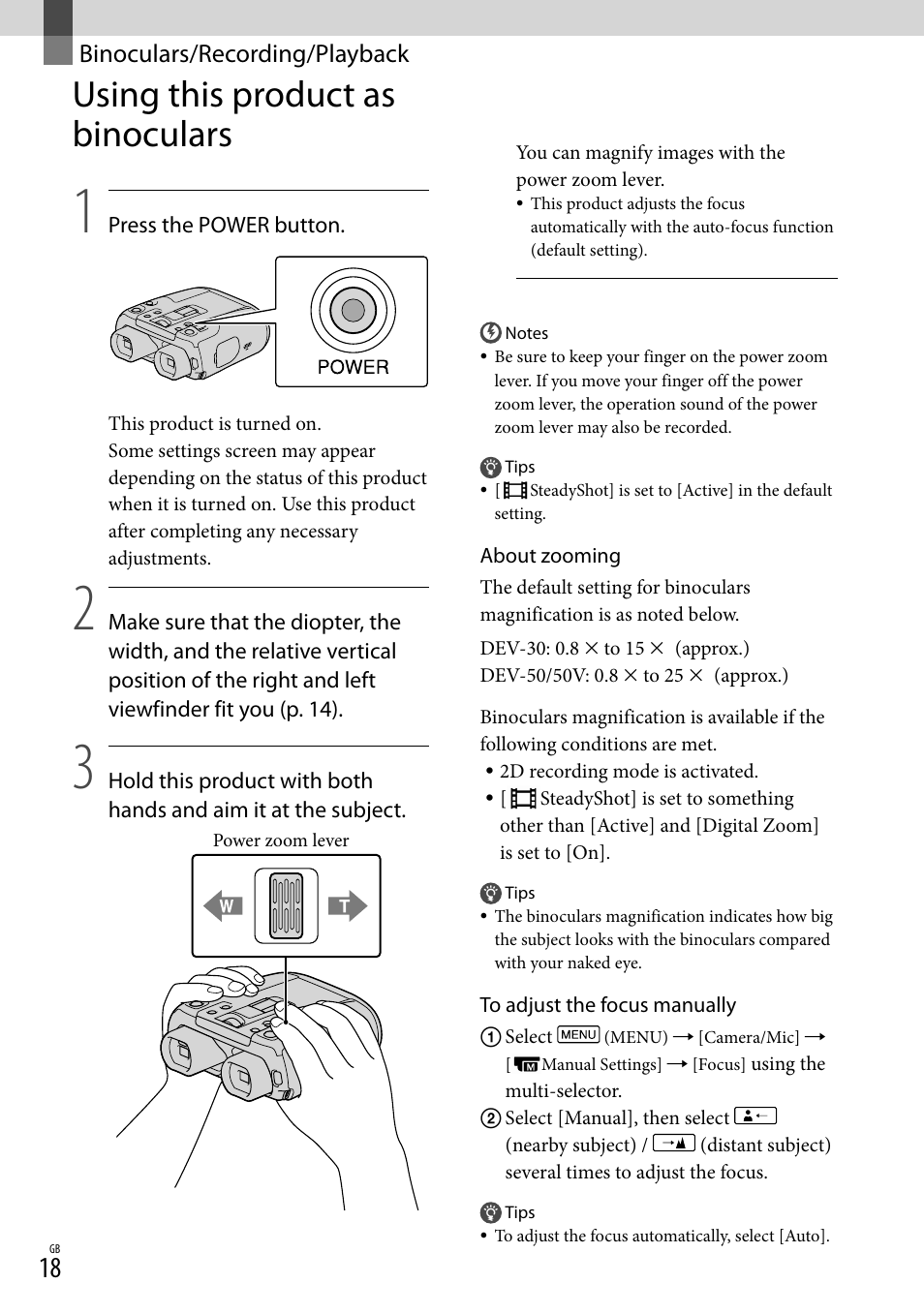 Binoculars/recording/playback, Using this product as binoculars, Binoculars/recording | Playback | Sony DEV-50 User Manual | Page 18 / 116