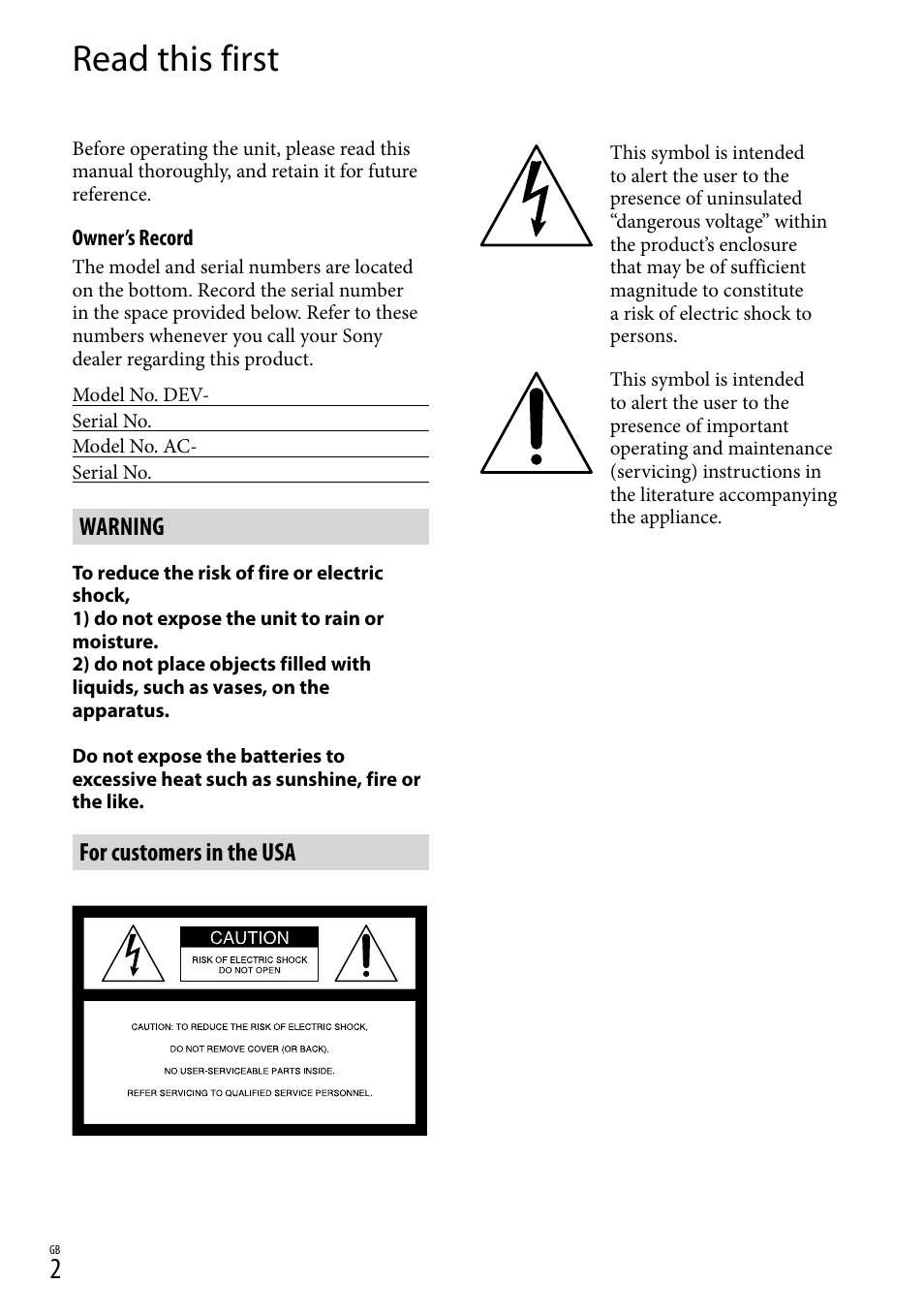 Read this first, Warning, For customers in the usa | Sony DEV-50 User Manual | Page 2 / 116