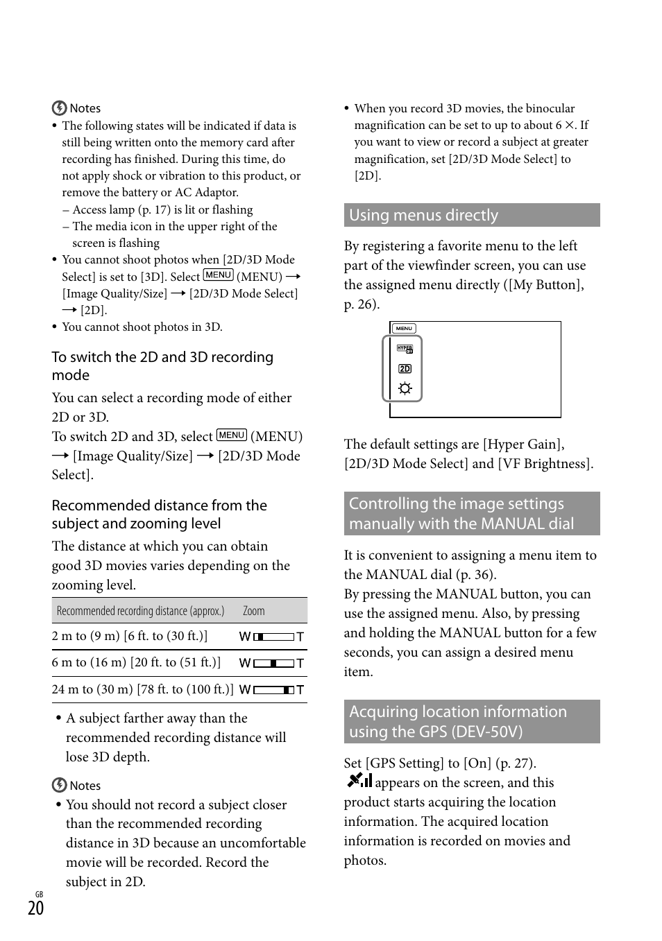 Using menus directly | Sony DEV-50 User Manual | Page 20 / 116