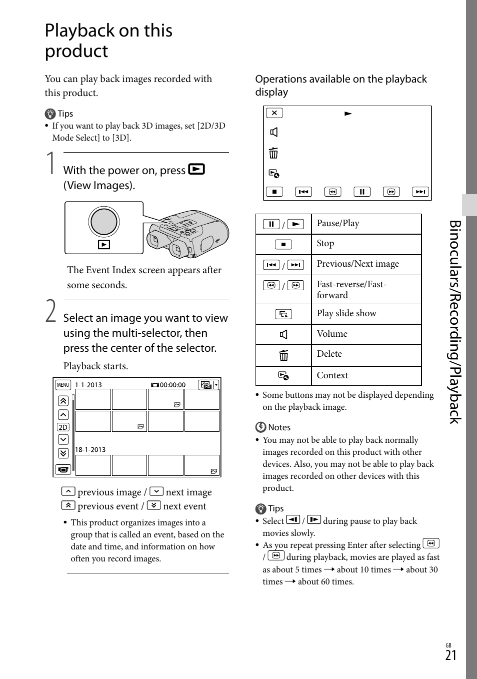 Playback on this product, Binoculars/r ec or ding/p la yback | Sony DEV-50 User Manual | Page 21 / 116