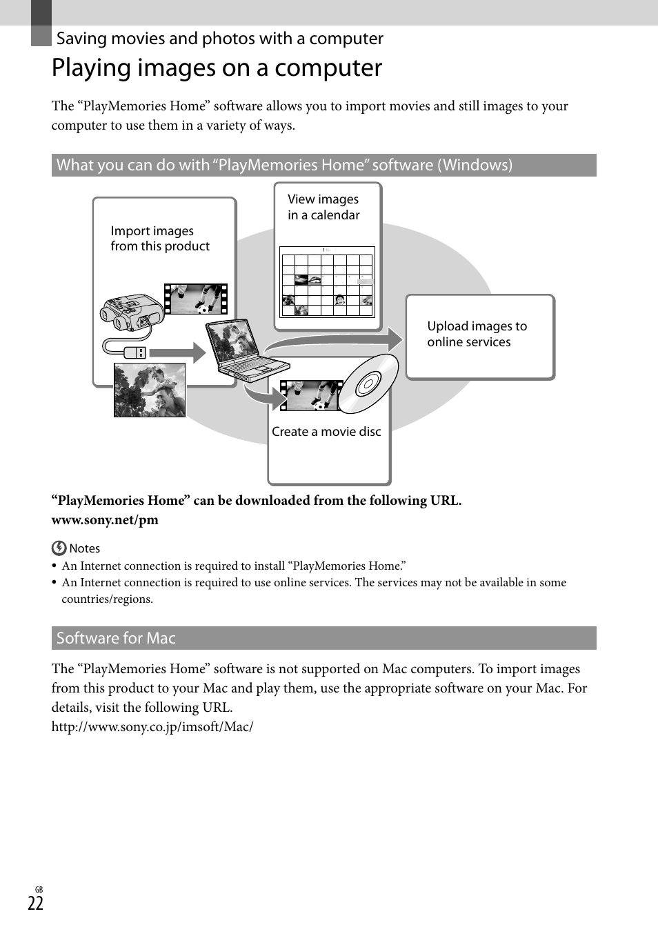 Saving movies and photos with a computer, Playing images on a computer, Saving movies and photos | With a computer | Sony DEV-50 User Manual | Page 22 / 116