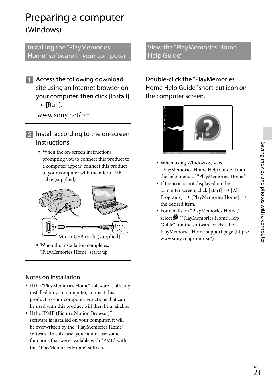 Preparing a computer (windows), Preparing a computer, Windows) | Install according to the on-screen instructions | Sony DEV-50 User Manual | Page 23 / 116