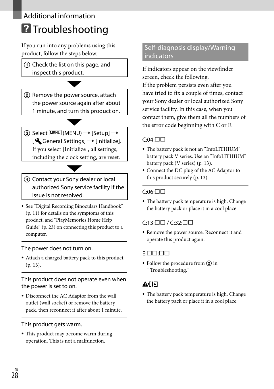 Additional information, Troubleshooting, Self-diagnosis display/warning indicators | Sony DEV-50 User Manual | Page 28 / 116