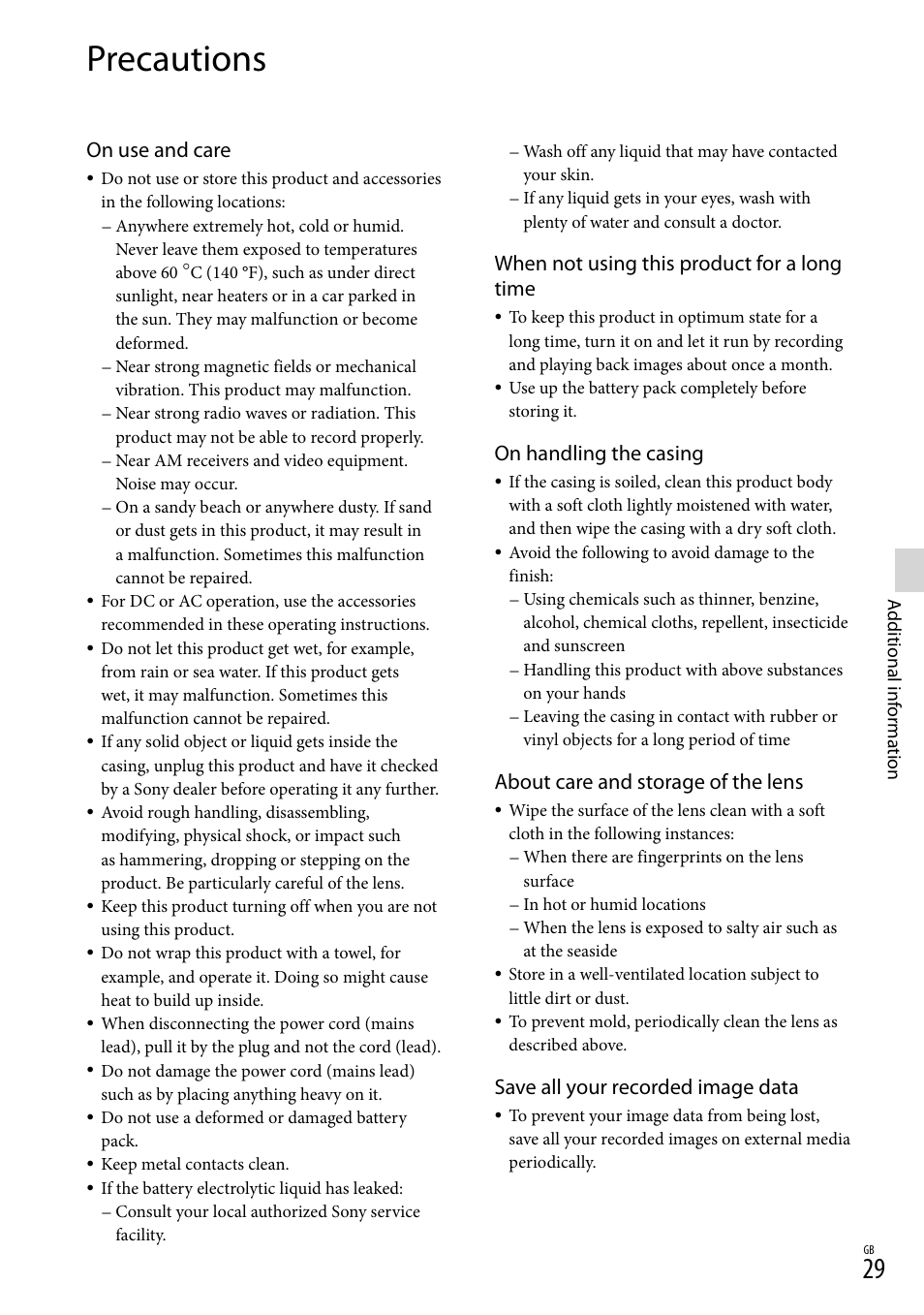 Precautions, On use and care, When not using this product for a long time | On handling the casing, About care and storage of the lens, Save all your recorded image data | Sony DEV-50 User Manual | Page 29 / 116