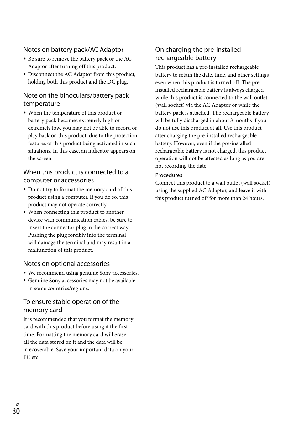 On charging the pre-installed rechargeable battery | Sony DEV-50 User Manual | Page 30 / 116