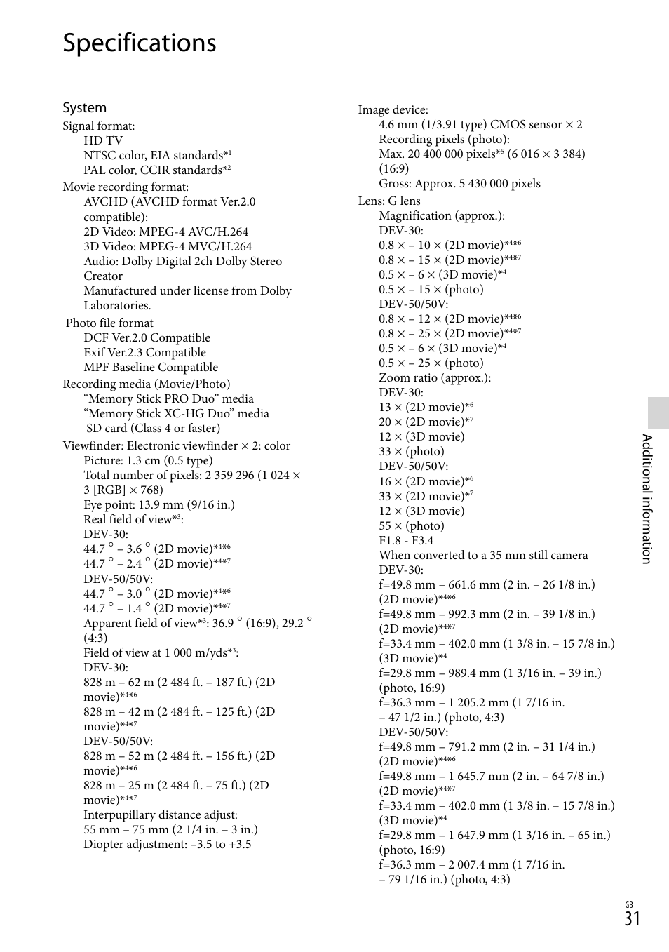 Specifications, System | Sony DEV-50 User Manual | Page 31 / 116
