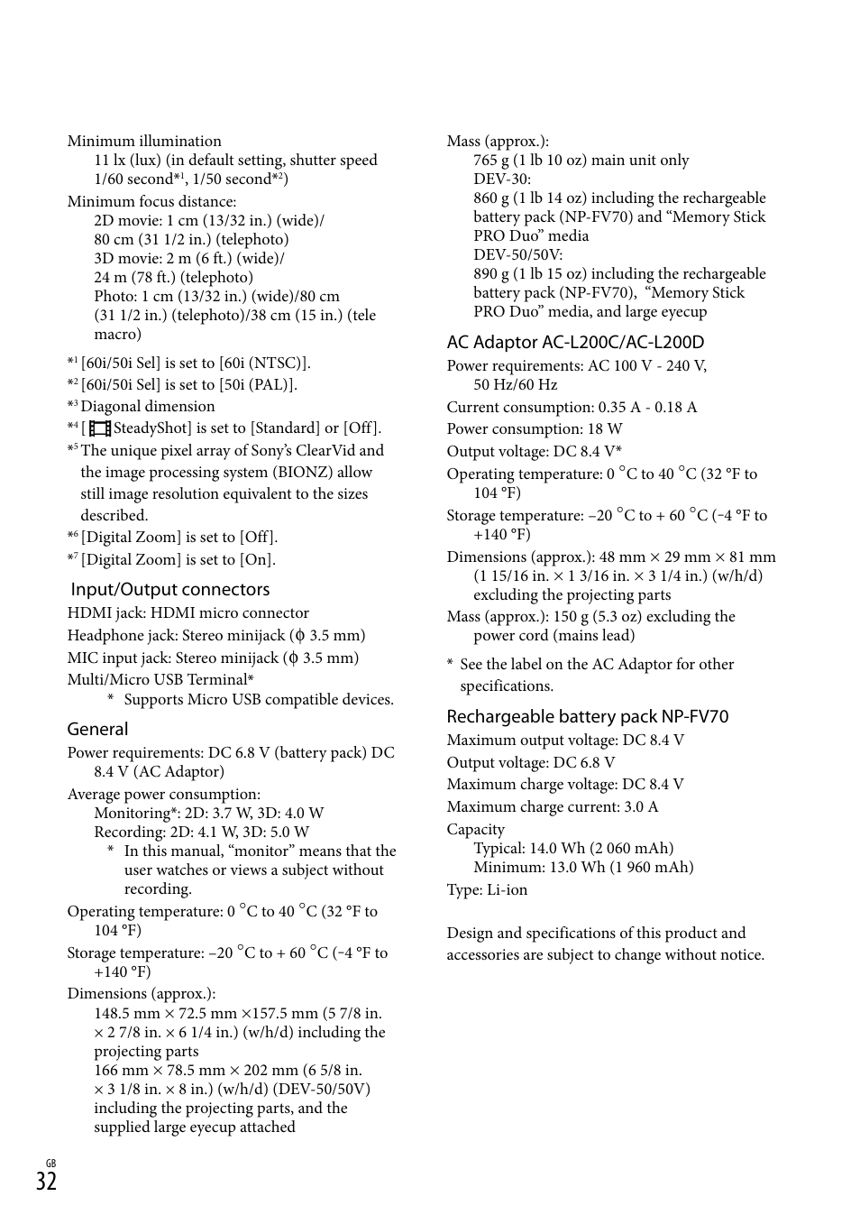 Input/output connectors, General, Rechargeable battery pack np-fv70 | Sony DEV-50 User Manual | Page 32 / 116
