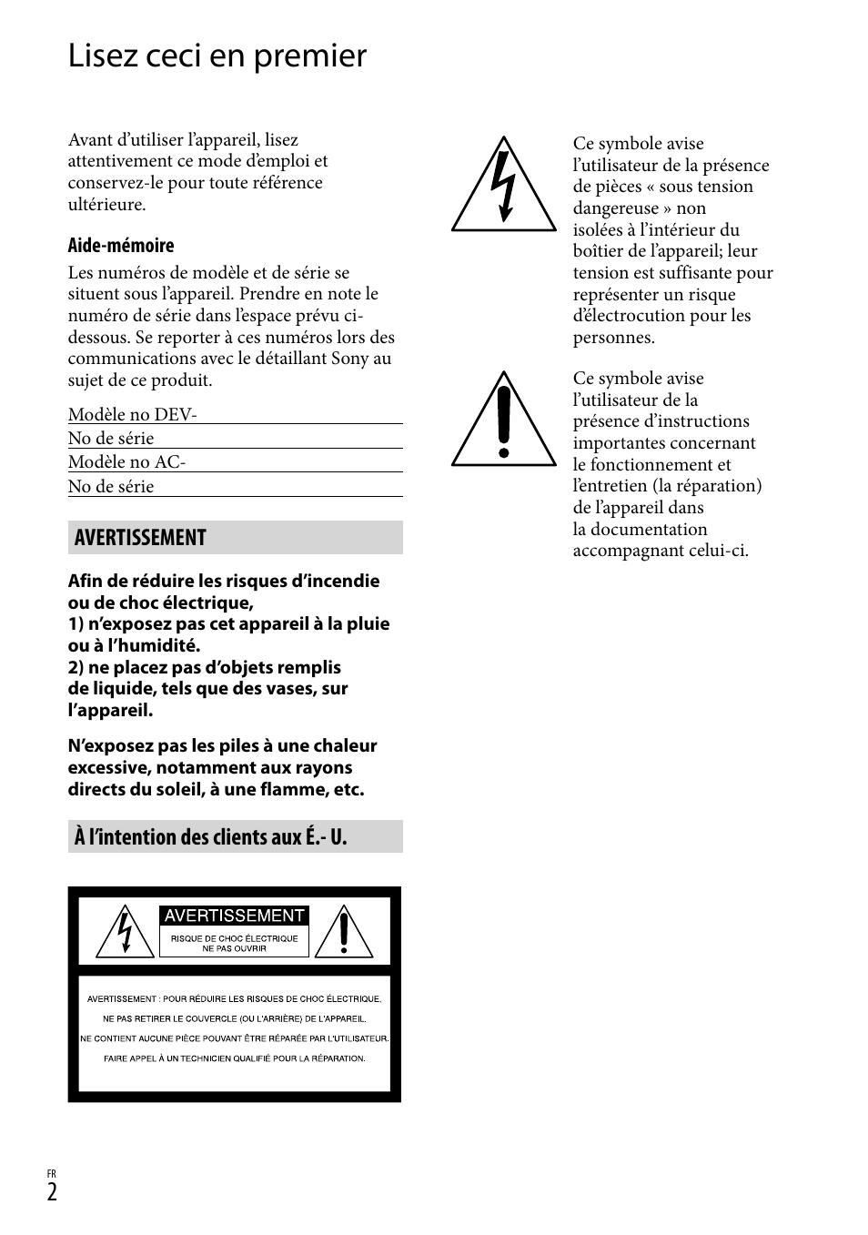 Frca, Lisez ceci en premier, Avertissement | À l’intention des clients aux é.- u | Sony DEV-50 User Manual | Page 38 / 116