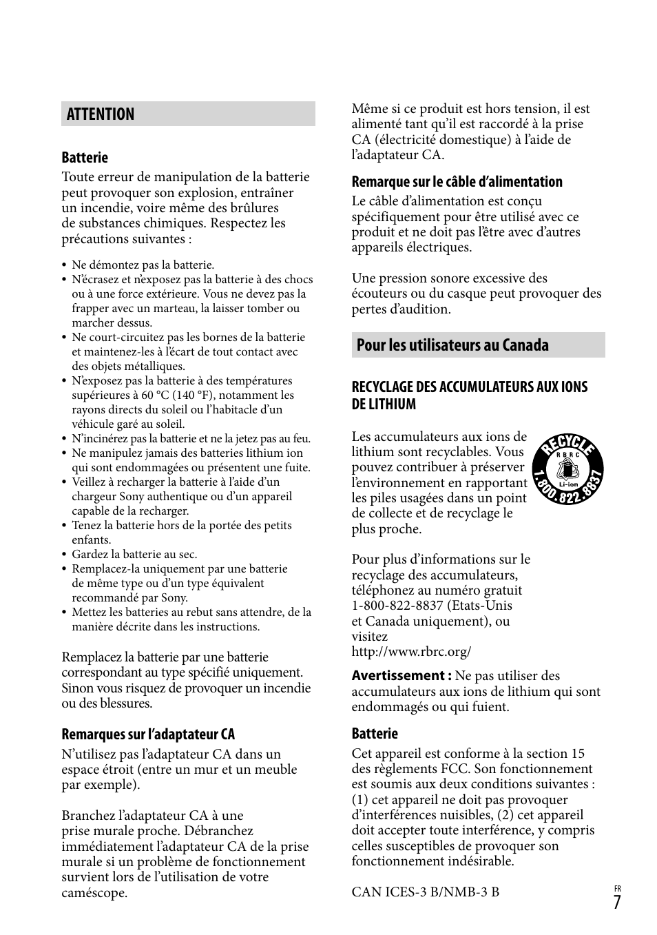 Attention, Pour les utilisateurs au canada | Sony DEV-50 User Manual | Page 43 / 116